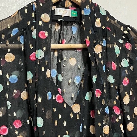 RIXO Moss Tie Neck Blouse in Sequin Watercolour Spot Black Pastel, XS - Picture 7 of 16